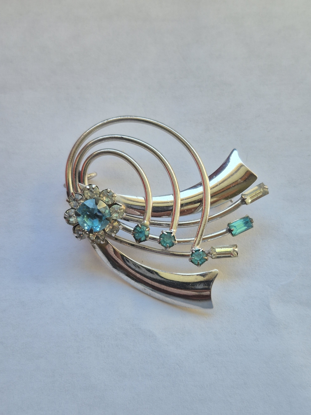 Vintage Silver-Tone Blue Rhinestone Brooch Pendant